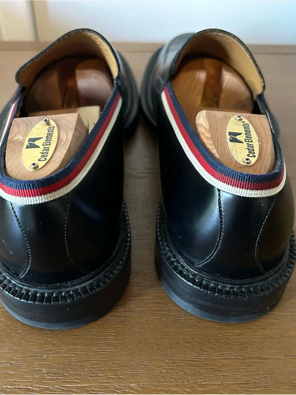 Gucci Black Leather Penny Loafers with Red-White-Blue Trim